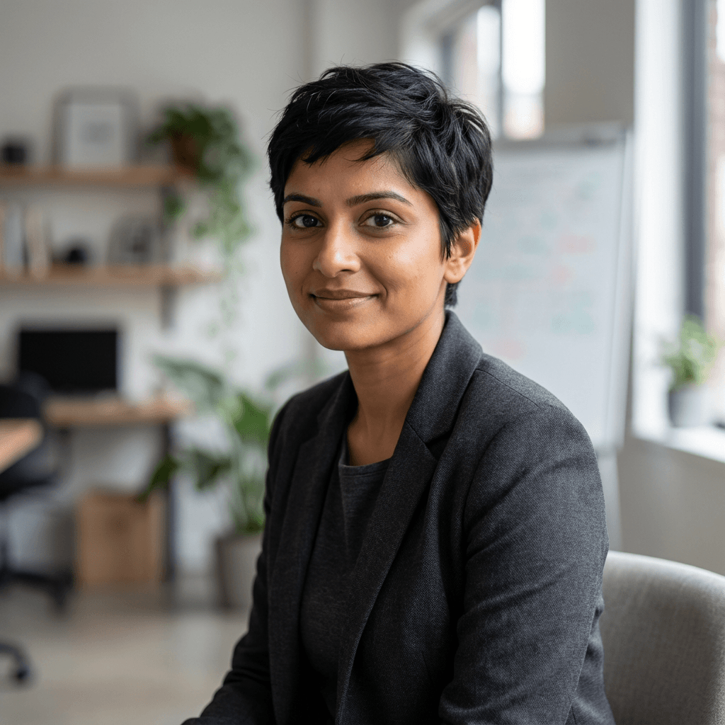 Priya Sharma, female marketing director in her early 30s, South Asian, professional style