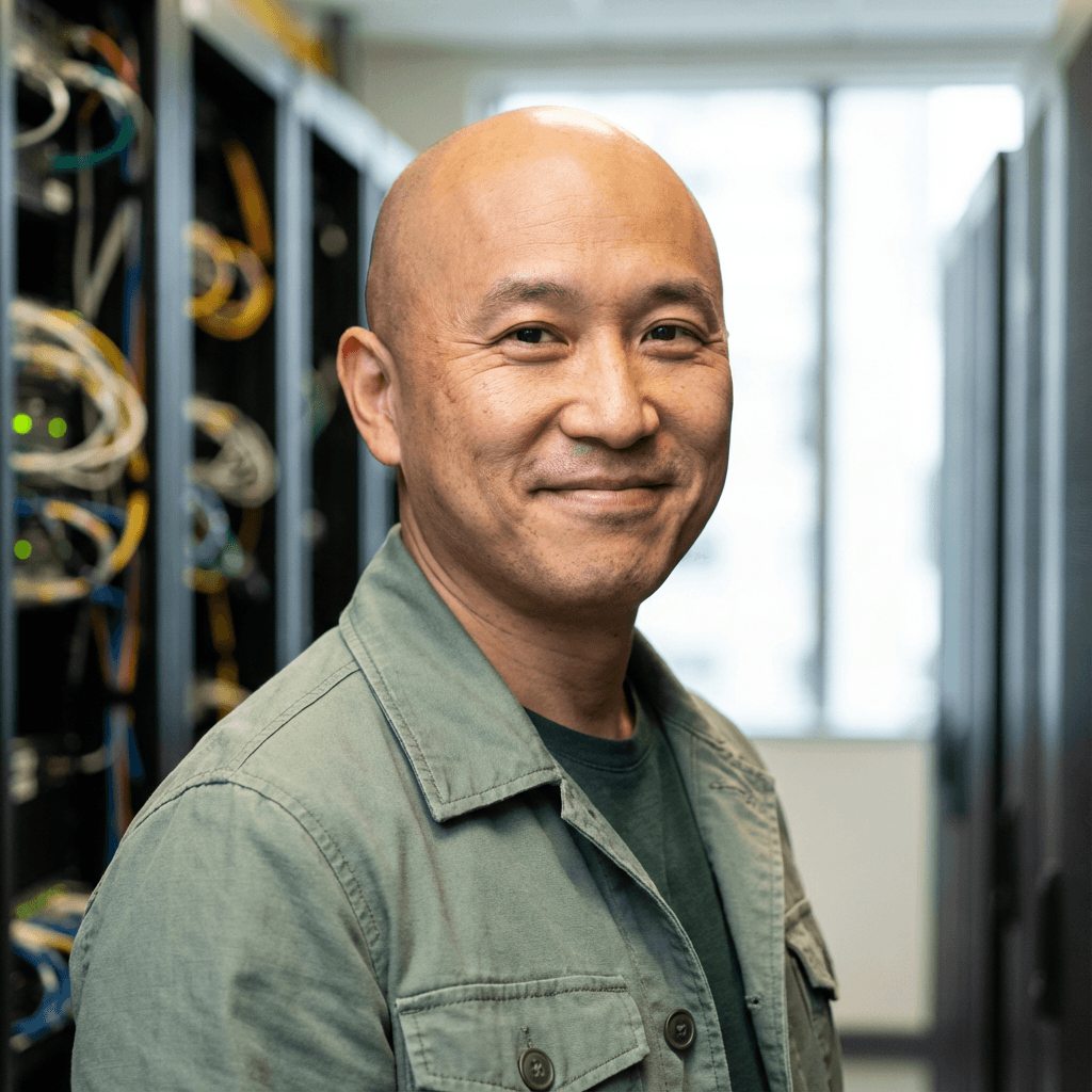 David Chen, small business owner, in a casual button-down in a light-filled office