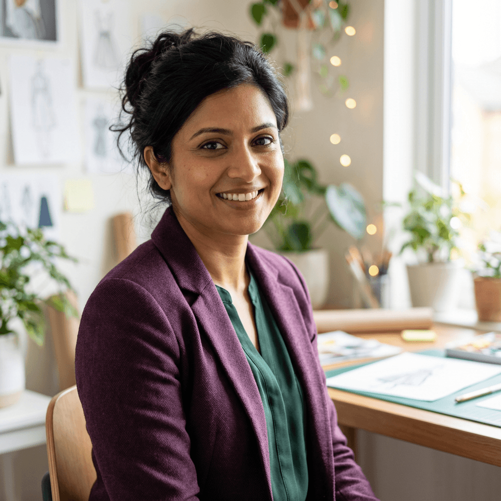 Priya Patel, operations manager, in a smart casual blazer in a workspace