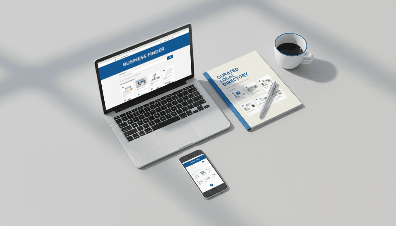 Modern workspace with laptop and directory style documents for online portal browsing