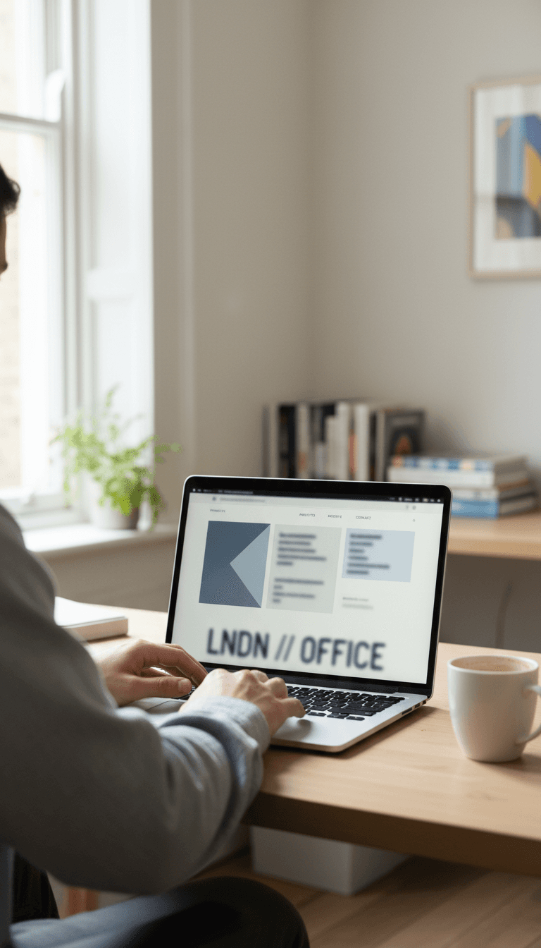 Person browsing an online directory on a laptop in a bright workspace