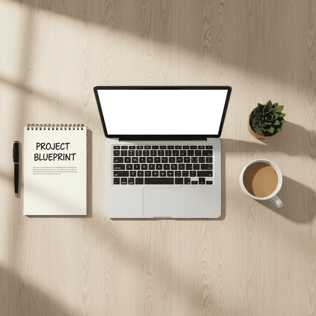 Desk scene with a laptop and a checklist, representing verification