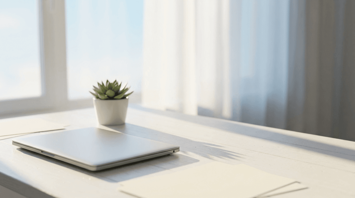 Minimalist workspace with a search interface on a monitor
