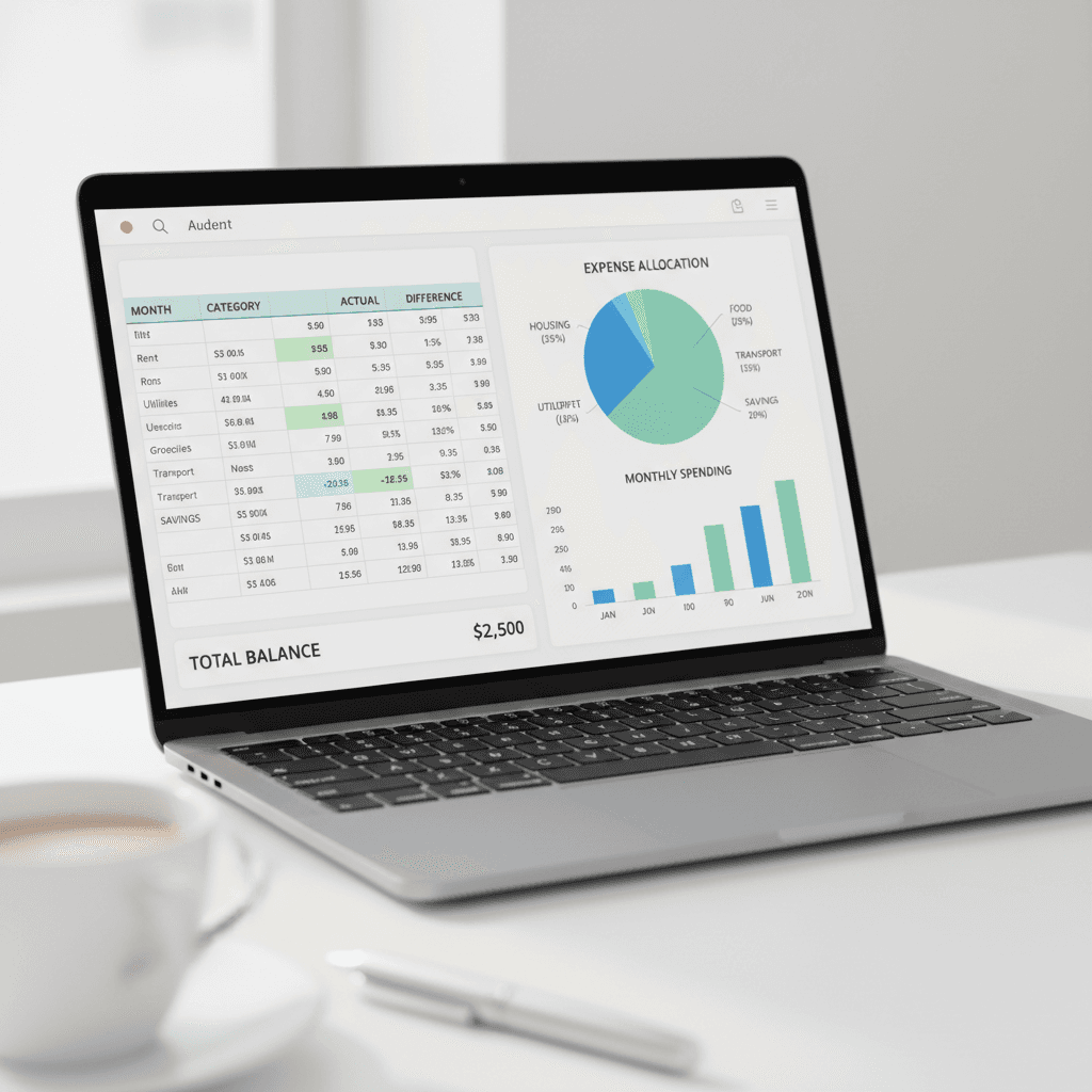 Laptop displaying data and charts with a city view in the background