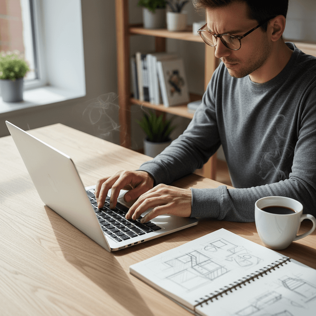 Professional updating directory listings on a laptop in a home office