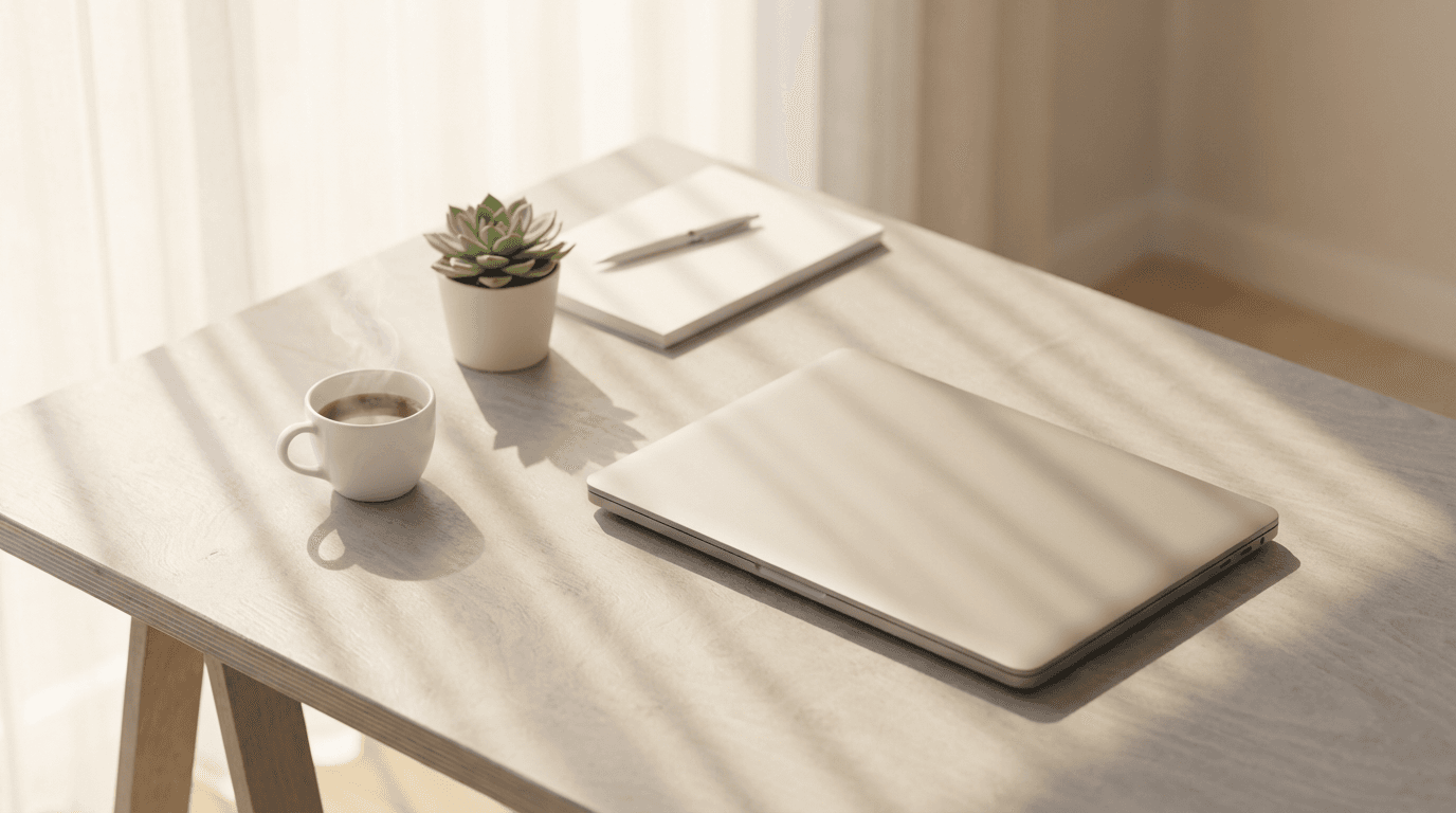 Minimal desk with laptop and phone showing a blurred directory interface